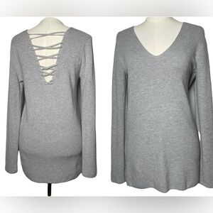 Nordstrom Trouvé Gray V-Neck Lattice Back Cashmere Blend Sweater Women’s Size M